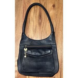 Vintage Fossil 1954 Pebbled Black Leather Handbag Purse #75082 EUC Key Detail